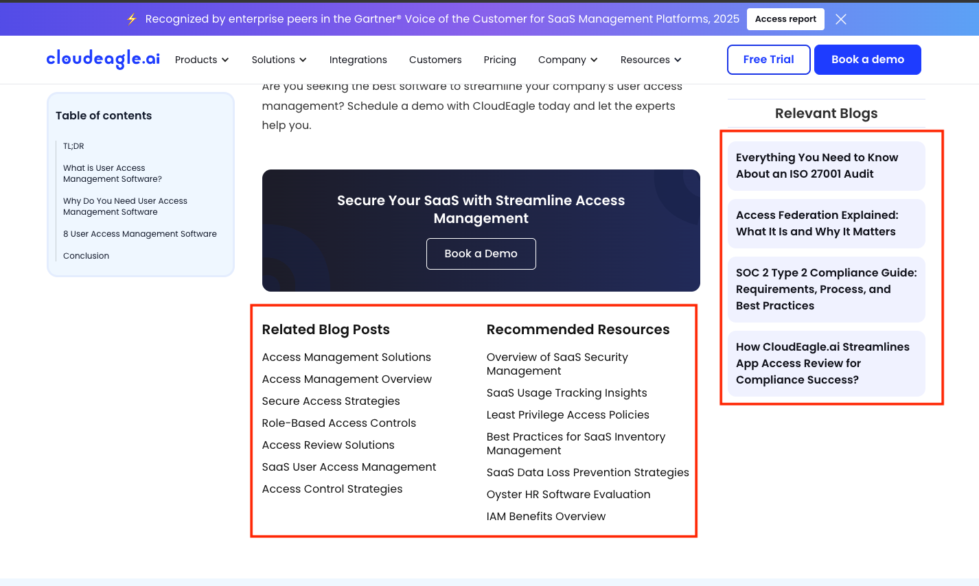 CloudEagle blog displaying Quattr’s autonomous internal linking modules in the right sidebar and at the end of the blog.