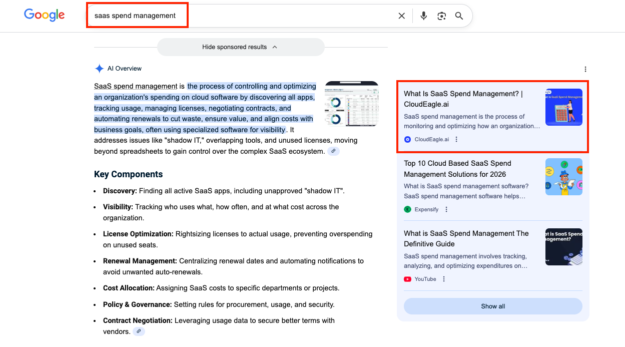 CloudEagle page was cited in AI Overview post optimization with Quattr
