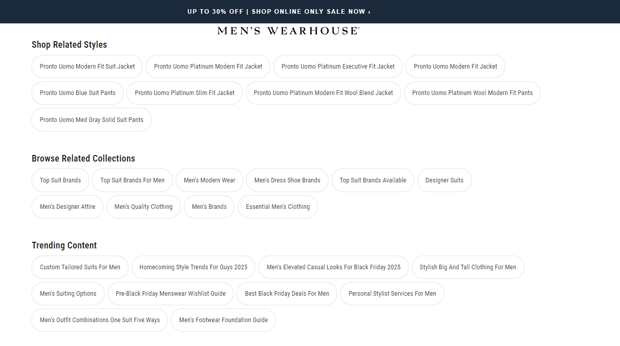 Men's Wearhouse blog displaying Quattr’s autonomous internal linking modules at the end of the blog.