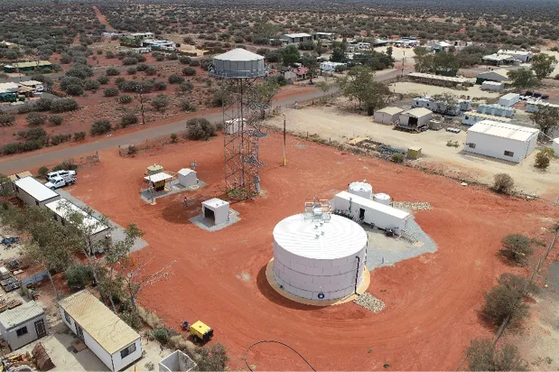 Aerial view of a regional bore water desalination plant and water tanks