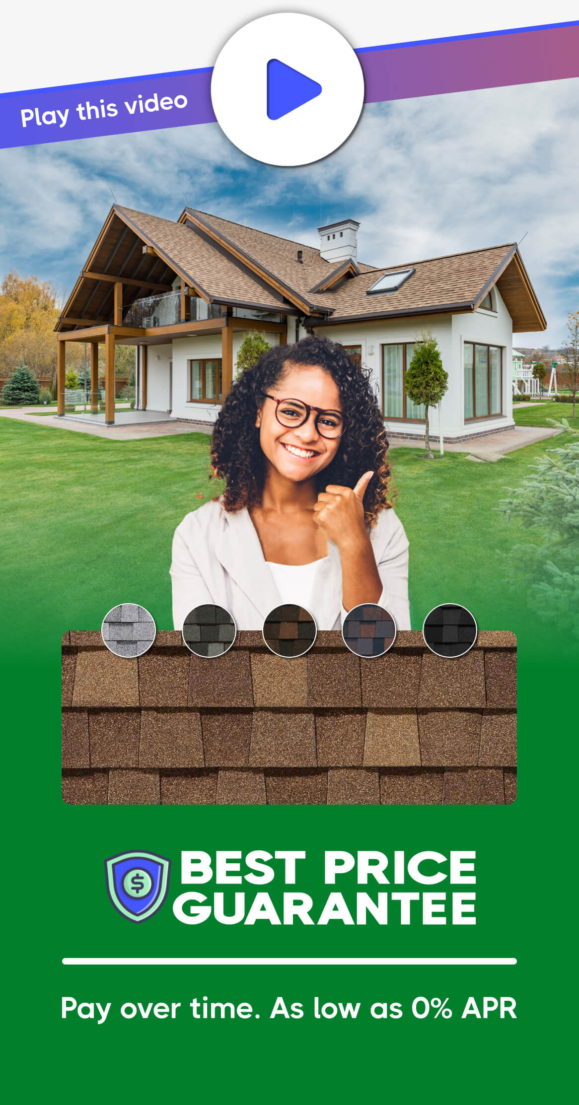 Woman homeowner in front of house with thumbs up, pointing to a play button that plays video about getting a new roof.