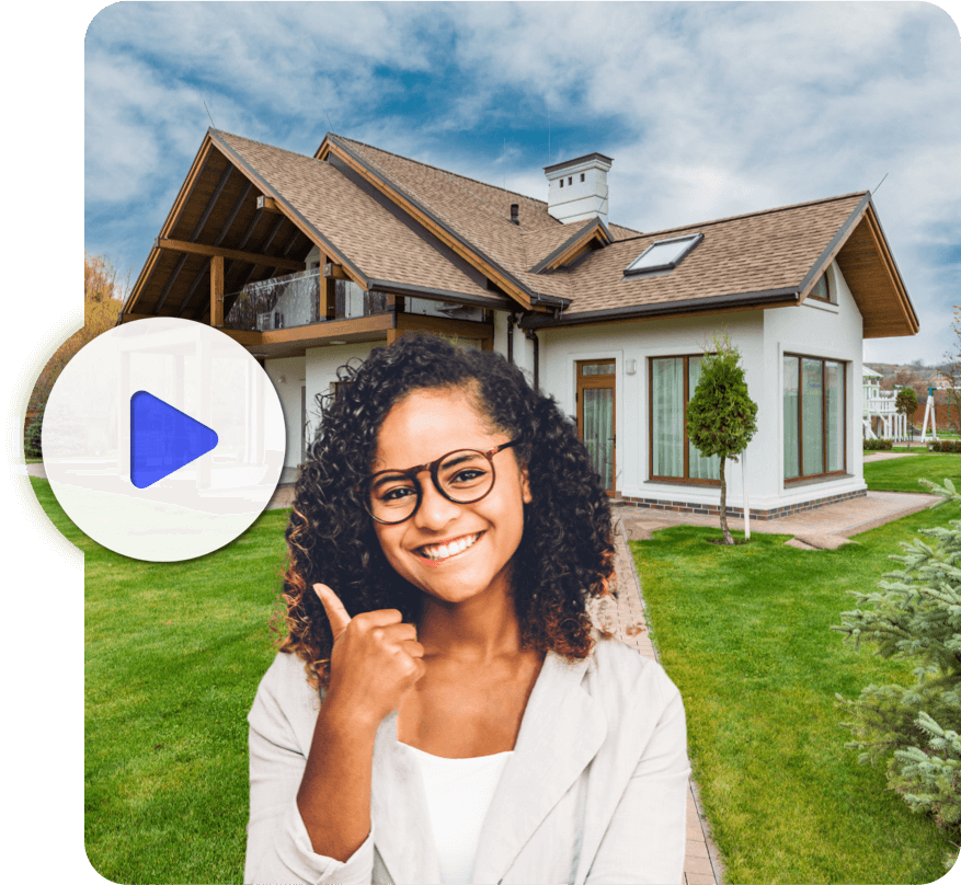 Woman homeowner in front of house with thumbs up, pointing to a play button that plays video about getting a new roof.
