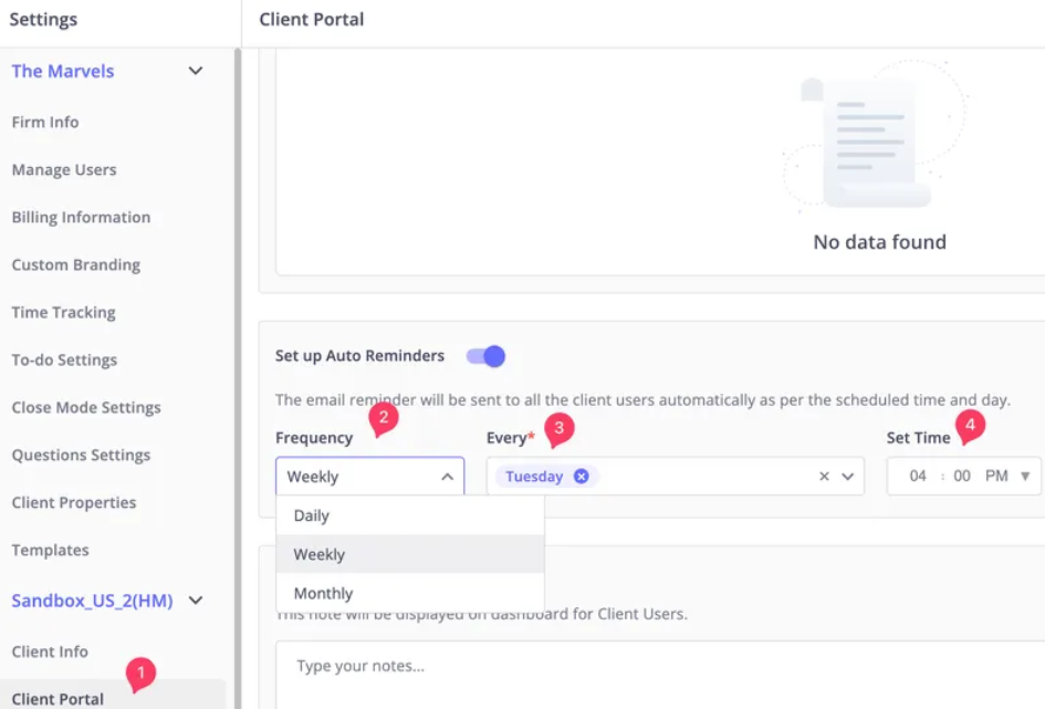  Client Portal auto-reminder settings with options to set frequency, day, and time for email reminders in Xenett