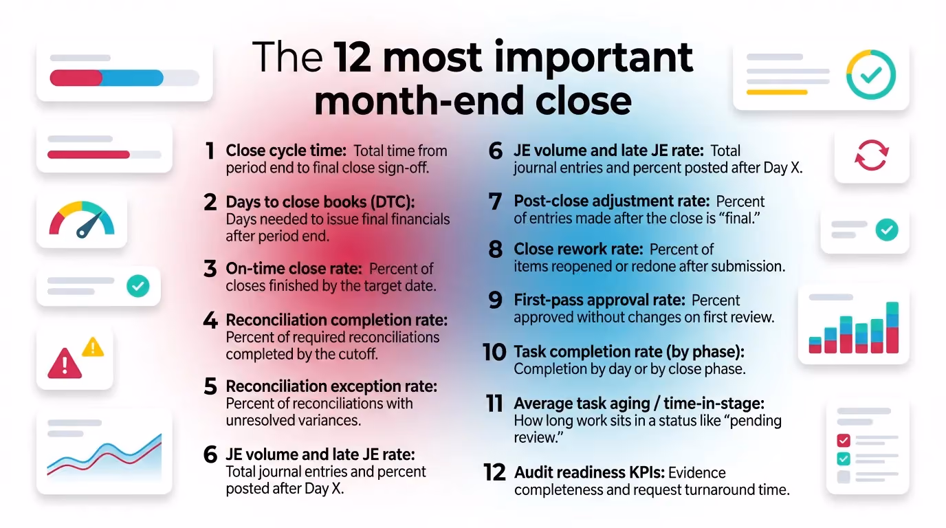 The 12 most important month-end close KPIs (with formulas + what to do when they’re off)