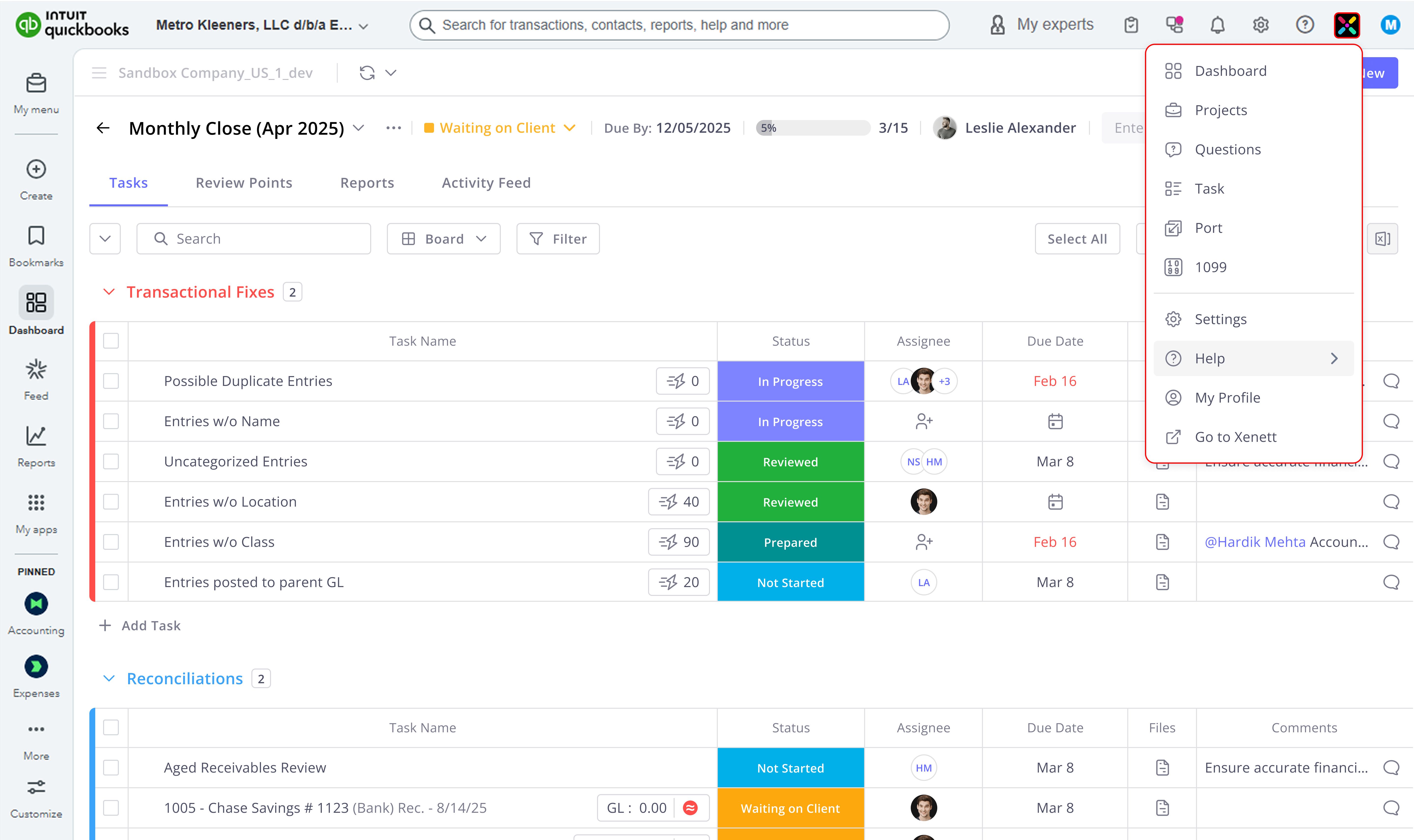 QuickBooks accounting software dashboard