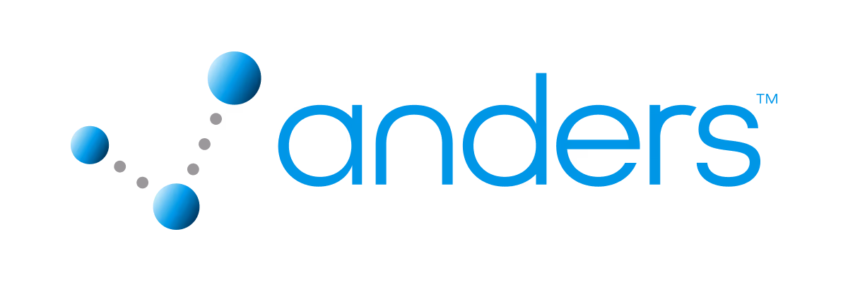 anders company logo with stylized blue dots connected in a 'V' shape.