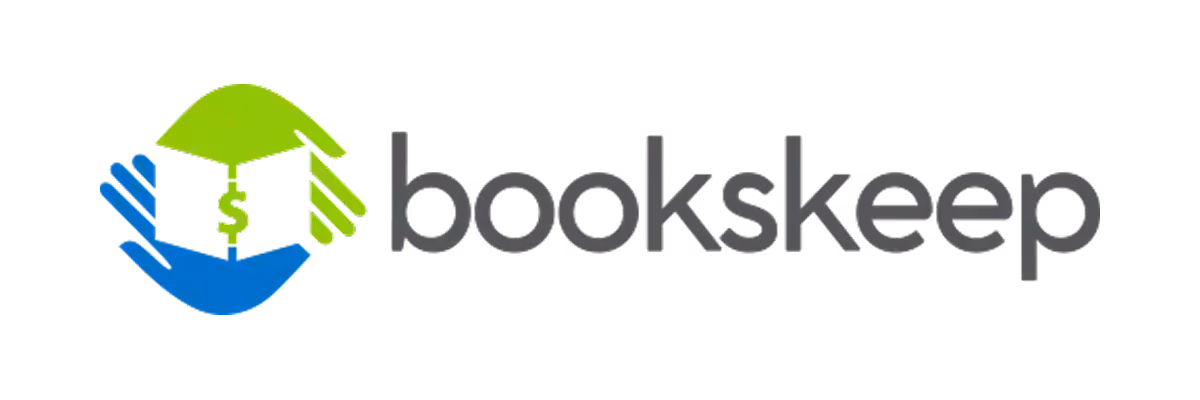 Bookkeeping company logo with stylized hands and dollar sign icon next to the text bookskeep.