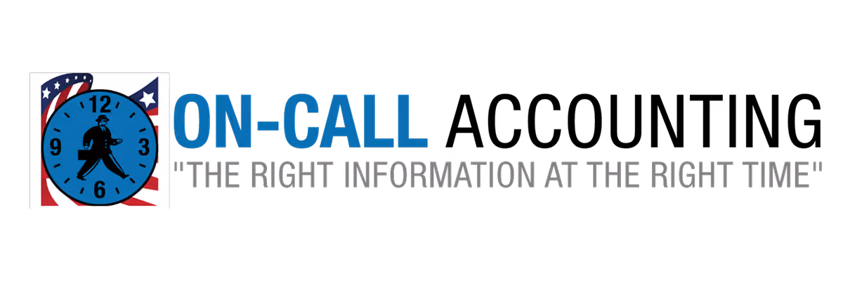 Logo with a man walking inside a blue clock face with US flag background, text reads On-Call and tagline.