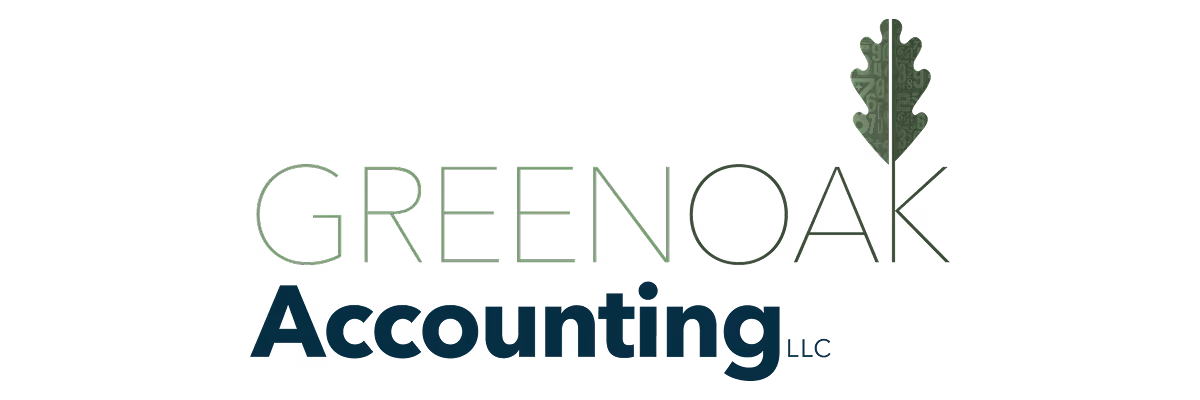 Logo for Green Oak Accounting LLC with a stylized oak leaf and numeric pattern.