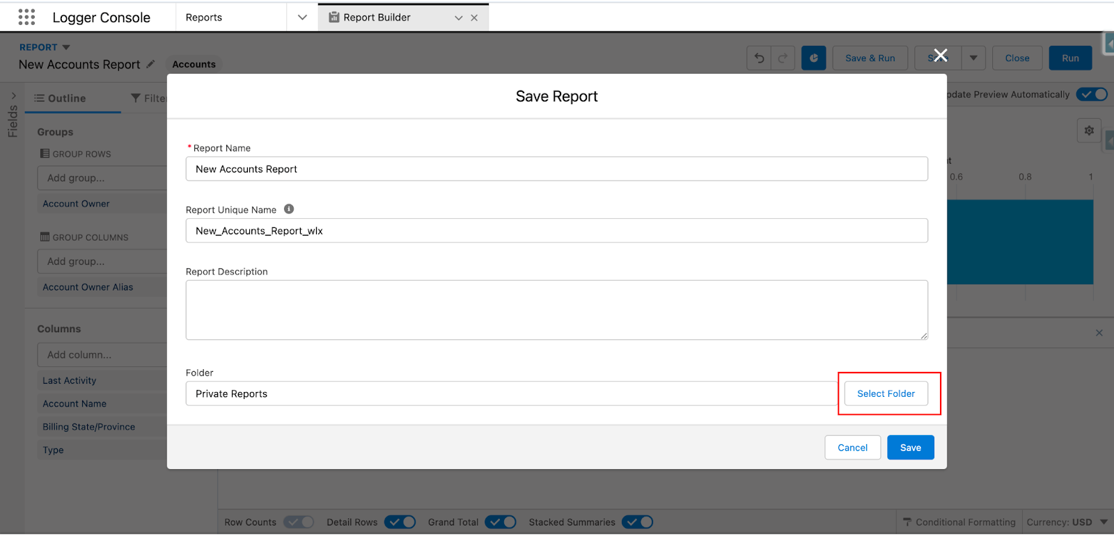 Saving the report