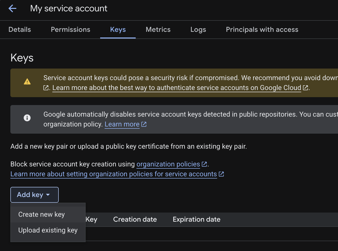 Figure 4. Open the Keys tab for the service account.