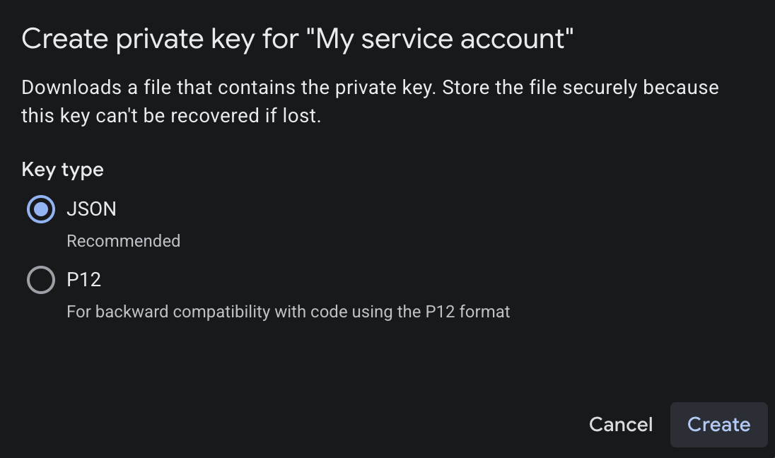 Figure 5. Create and download a JSON private key.