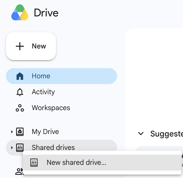 Figure 6. Start creating a Shared Drive from Google Drive.
