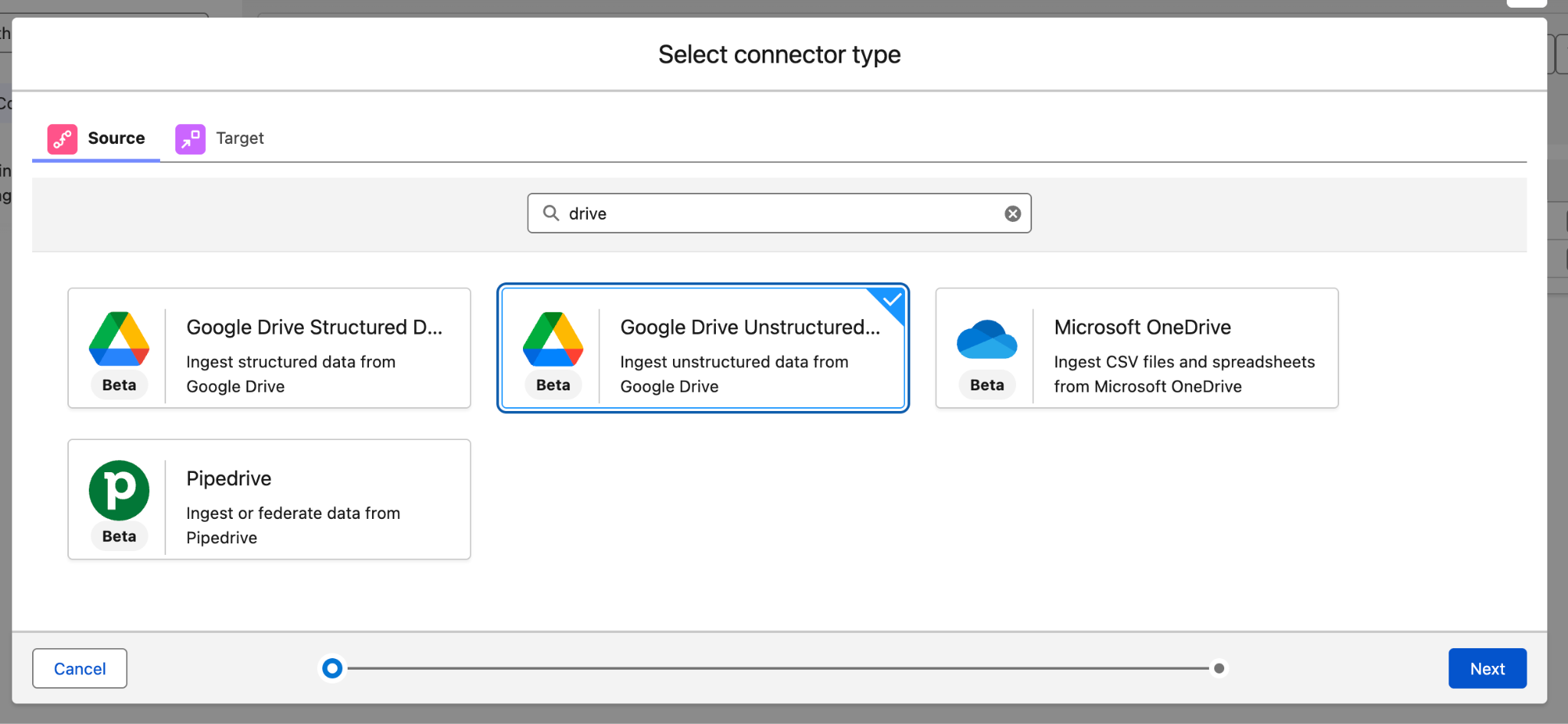 Figure 12. Select the Google Drive Unstructured Data connector.