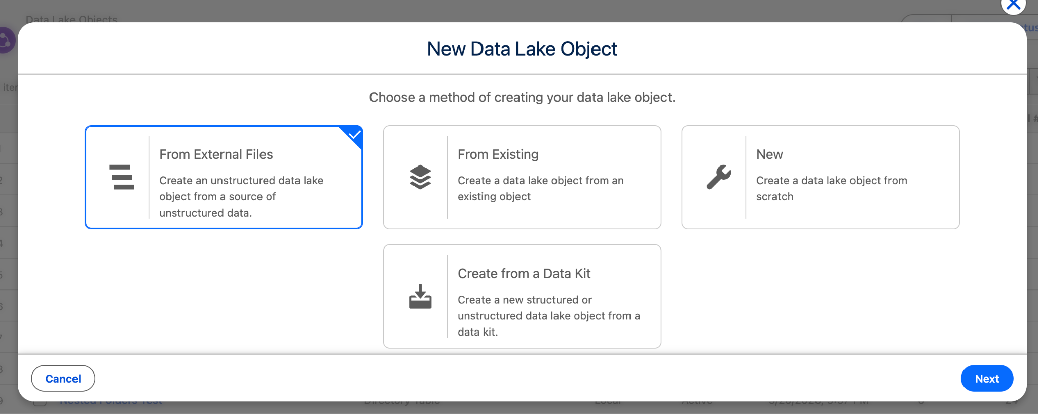 Figure 13. Start a new Data Lake Object from the Data Cloud app.
