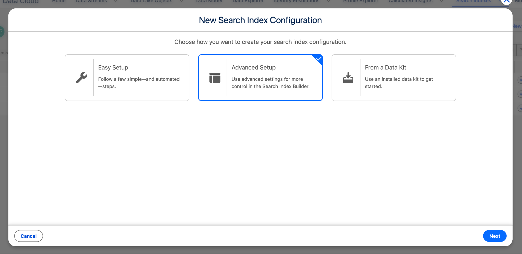 Figure 17. Start the search index with Advanced Setup.