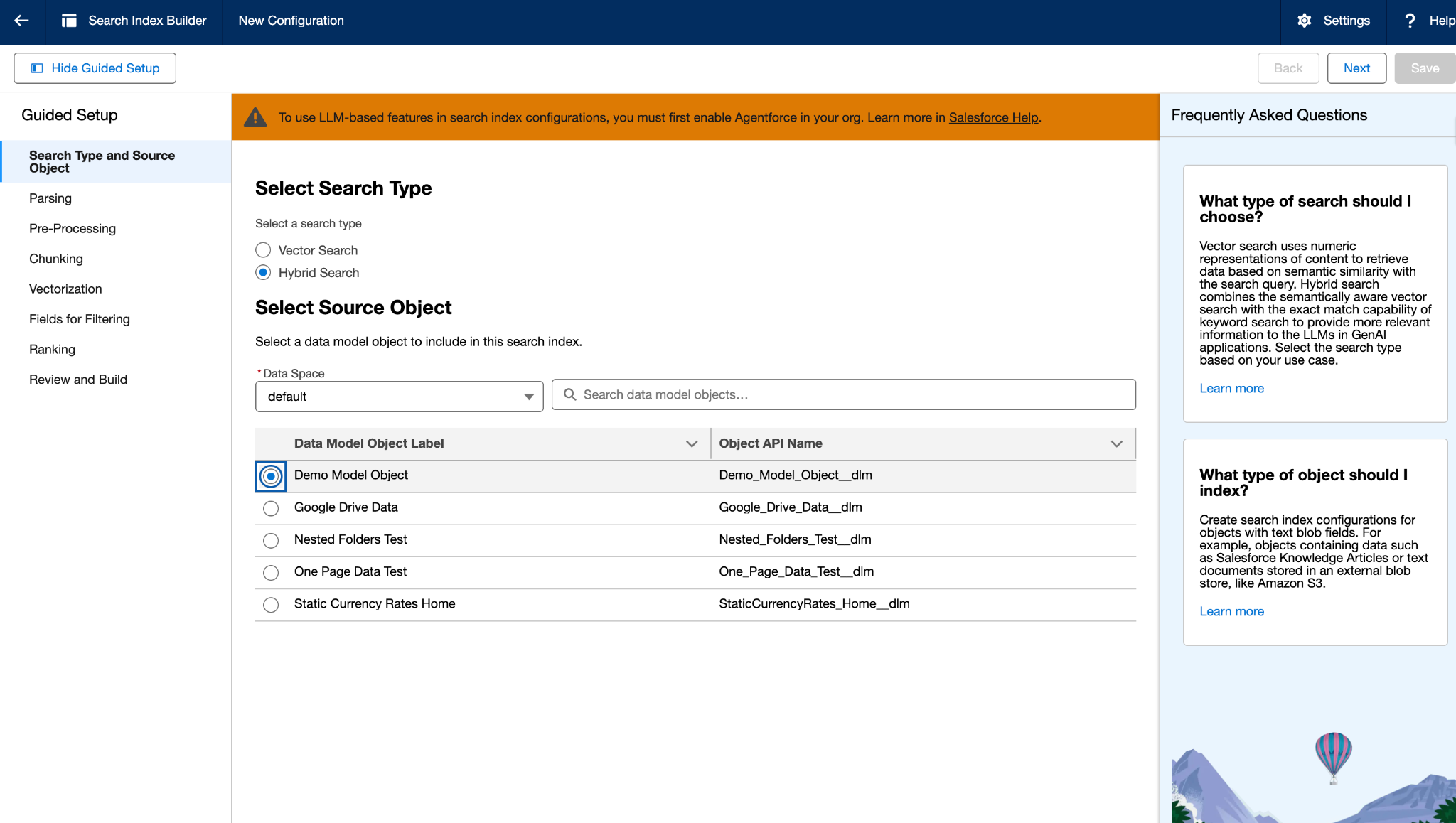 Figure 18. Select the unstructured data source for the index.