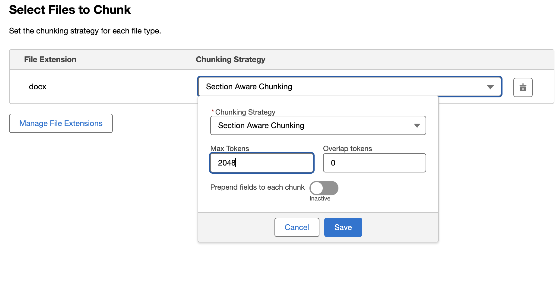 Figure 21. Configure file selection, chunking, and fields available for filtering.