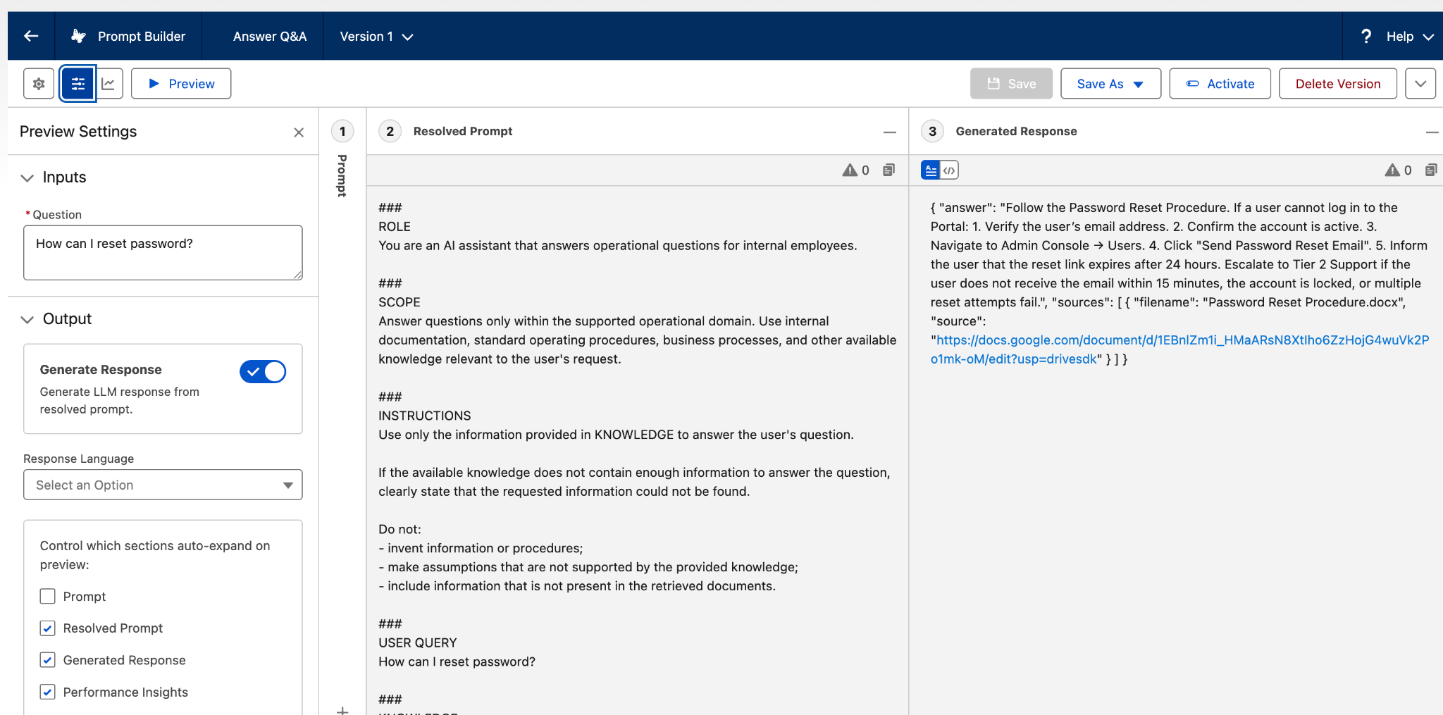 Figure 35. Test the prompt with a known question and inspect the response.