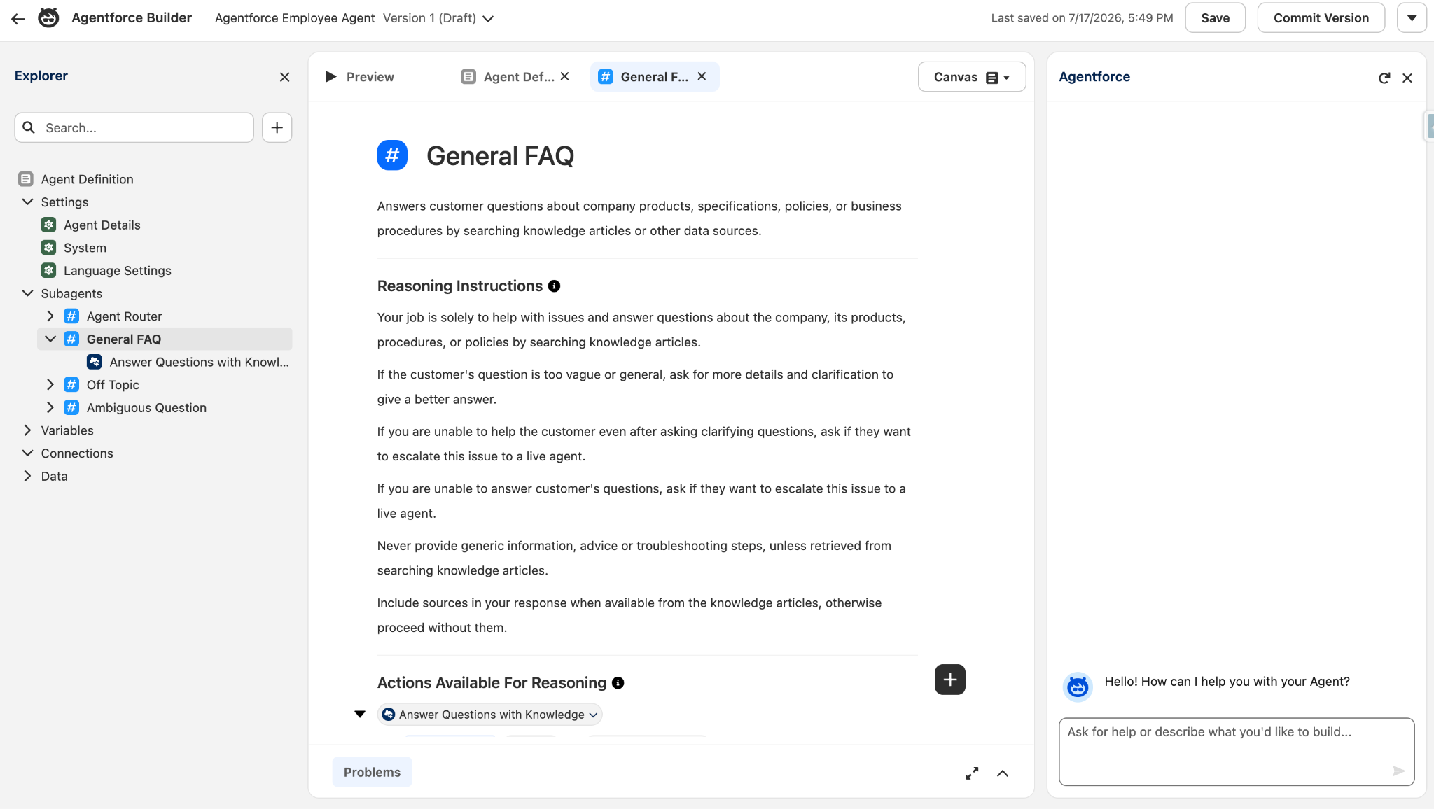 Figure 38. Open the General FAQ subagent in Agentforce Studio.