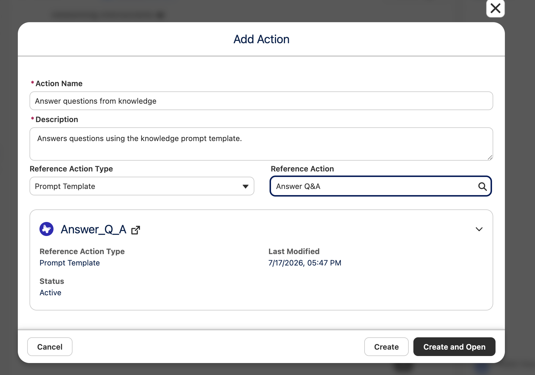 Figure 40. Select the approved knowledge prompt template as the action.