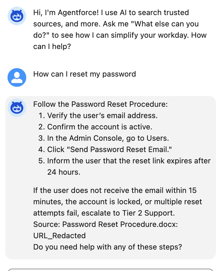 Figure 41. Preview the agent response before source links are fully configured.