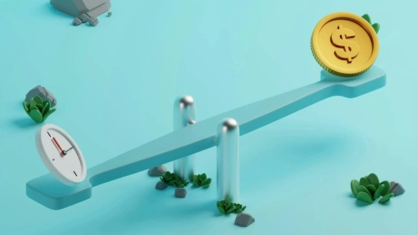 clock and coin on blue background
