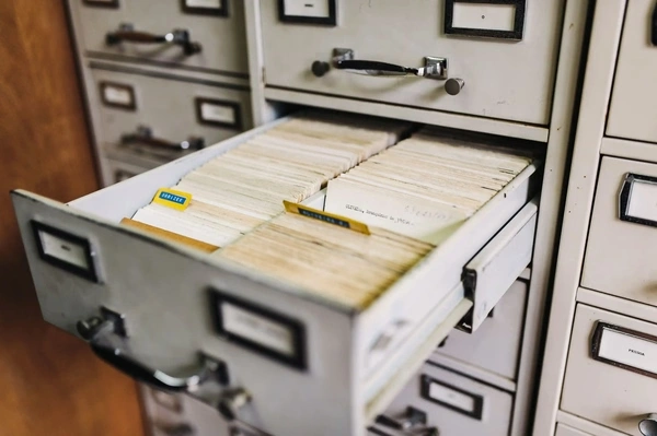 data cards in a drawer storage