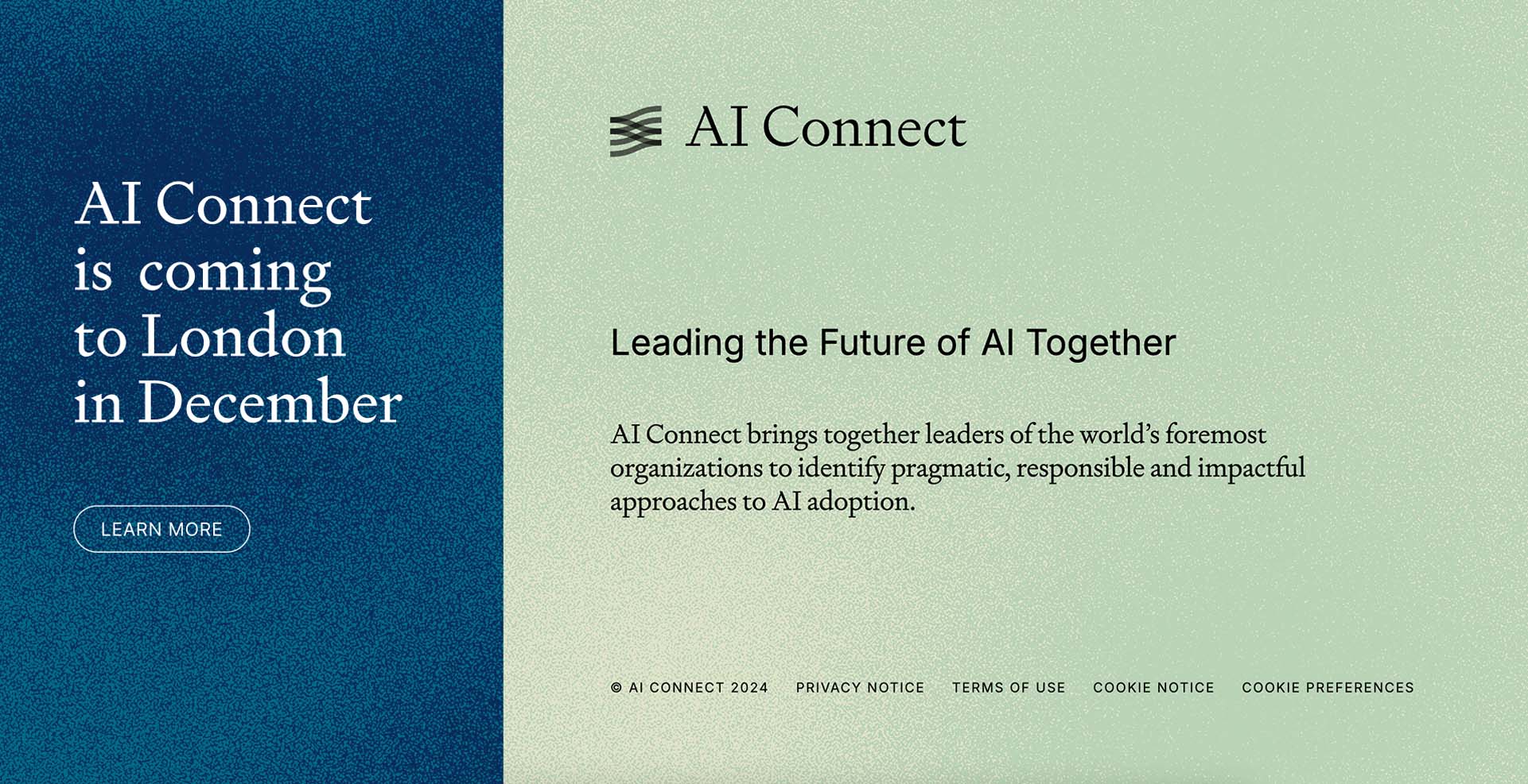 AI Connect website screenshot showing blue colours and stippled textures