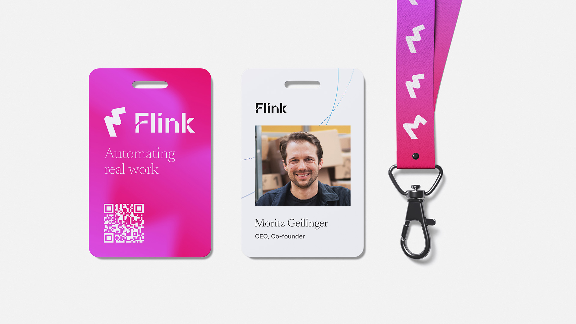 Flink ID badge with bright colours and lanyard