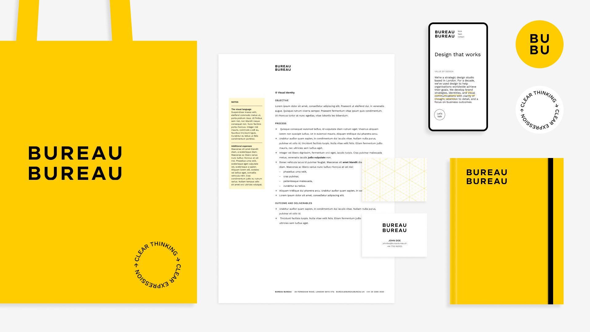 A variety of Bureau Bureau branded items. showing cohesive visual identity.