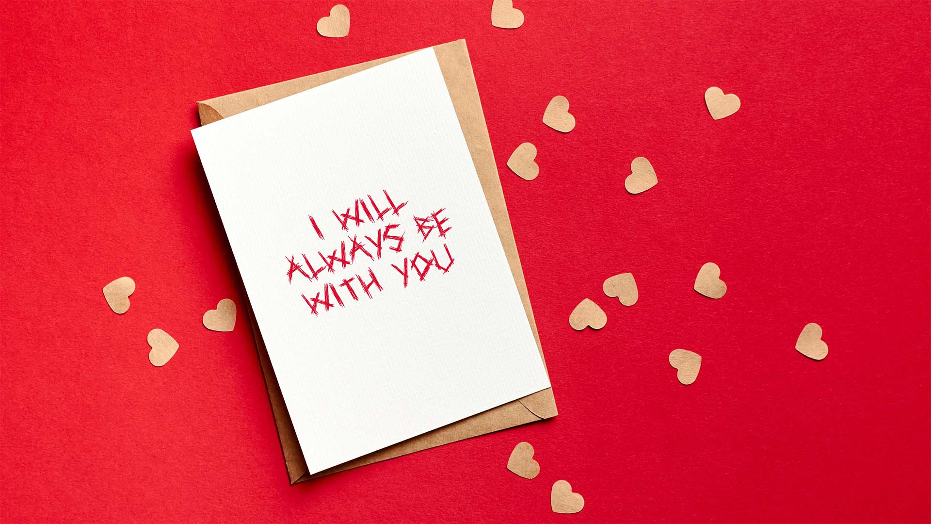 A greeting card with sinister handwriting reading "I will always be with you"