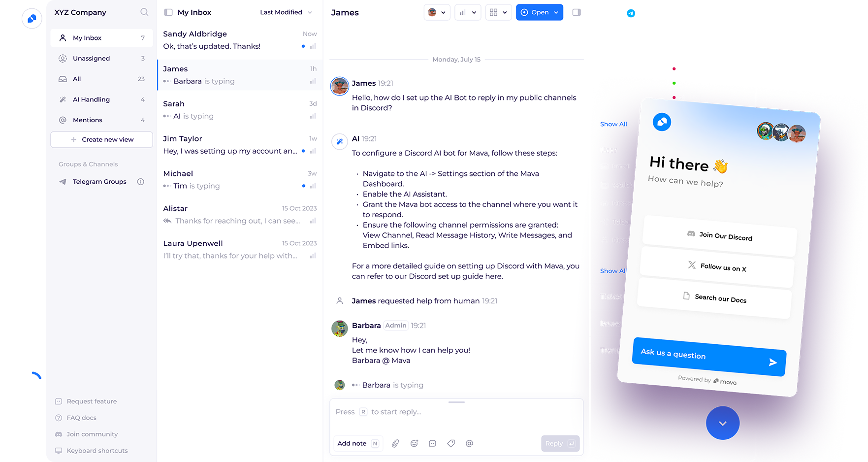 User interface showing a chat conversation about setting up an AI bot on Discord with a sidebar menu and a help widget offering options to join Discord, follow on X, or search docs.