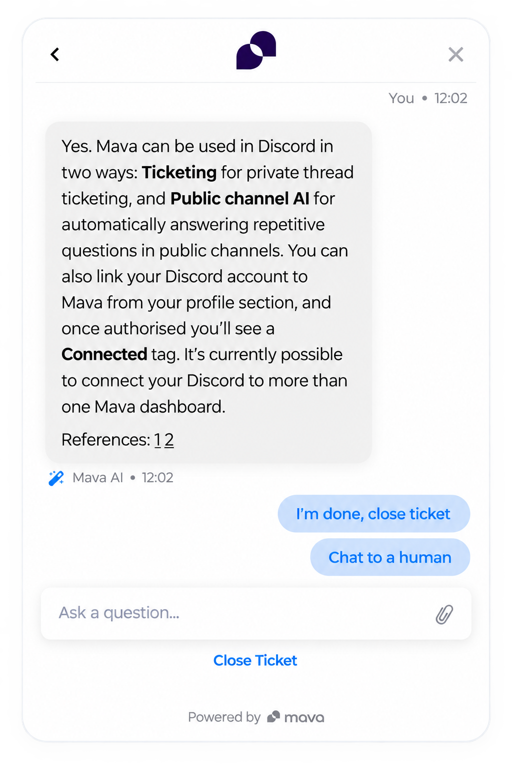 Mava web chat conversation showing the AI assistant handing off to a human agent, confirming the customer is now chatting with a person.