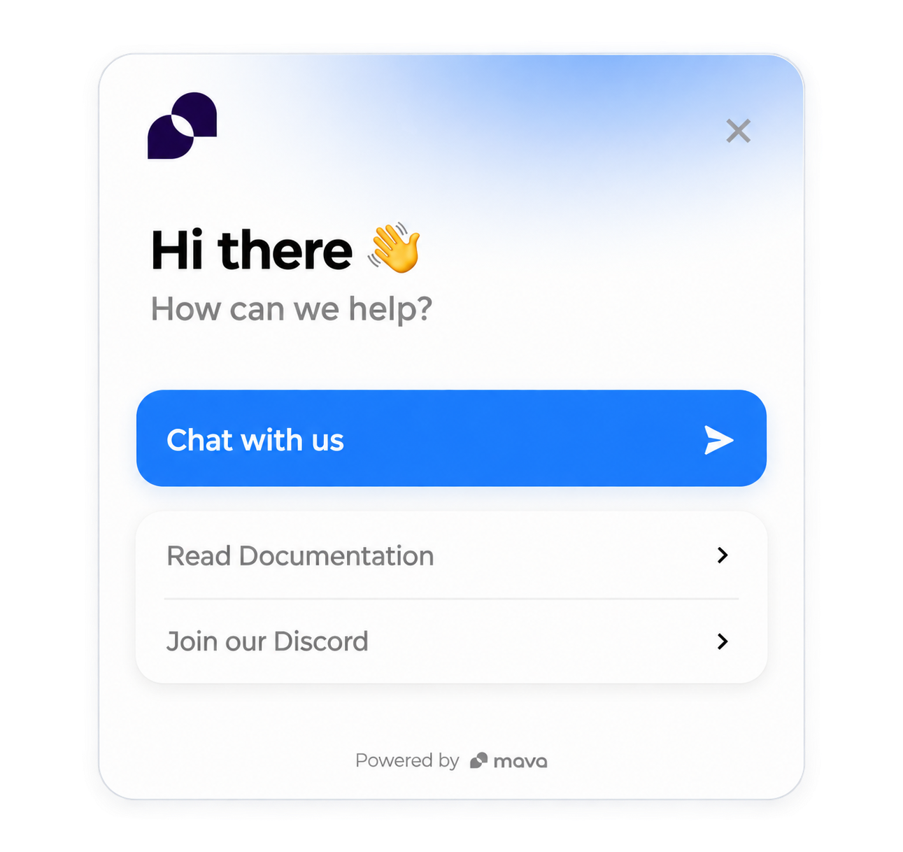 Mava web chat widget default view with a branded greeting, a Chat with us button, and links to documentation and Discord.