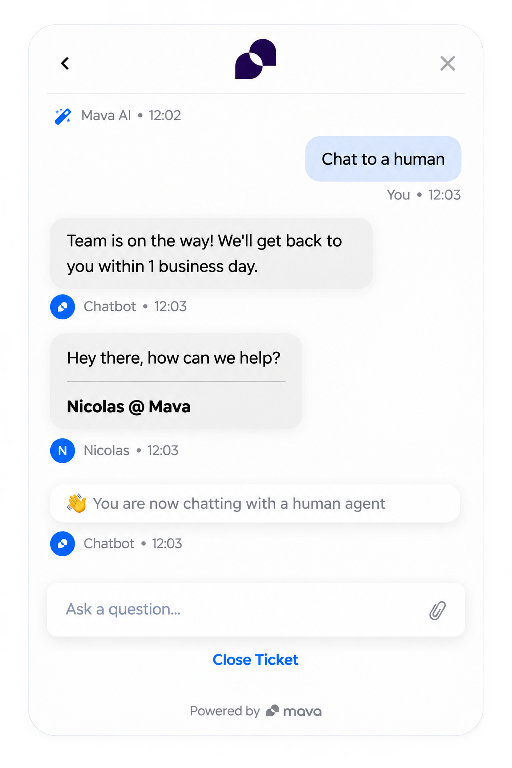 Mava web chat AI assistant answering a Discord integration question with cited sources and quick-reply options to close the ticket or talk to a human.