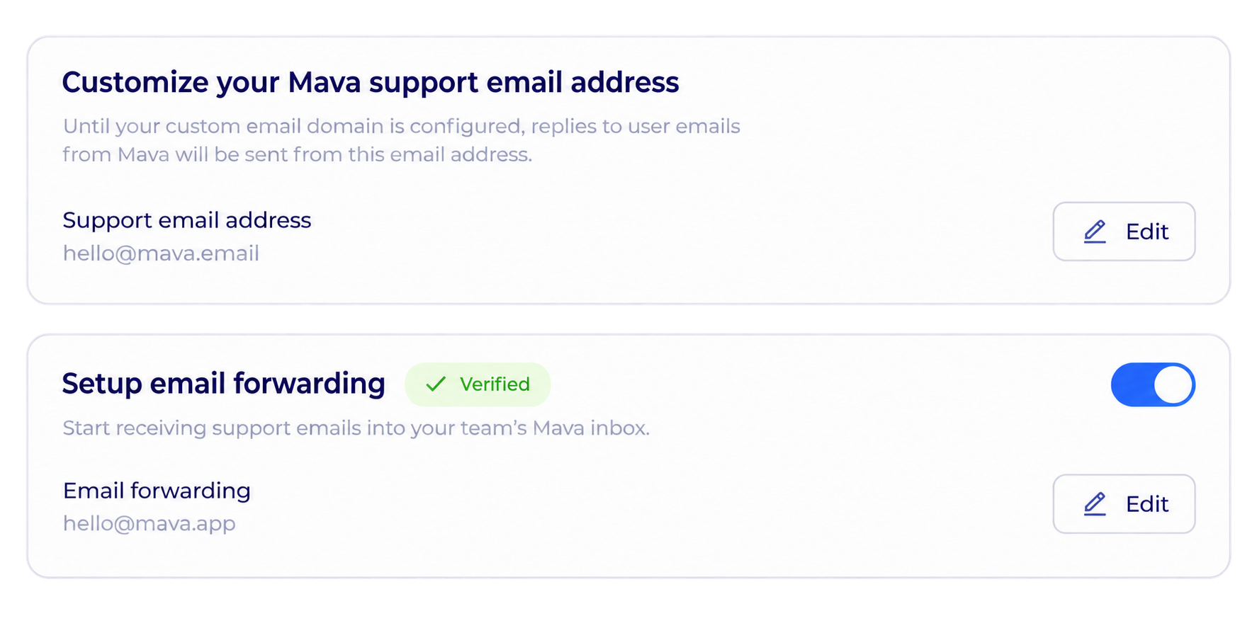 Mava dashboard settings for customizing the support email address and enabling email forwarding into the shared inbox.