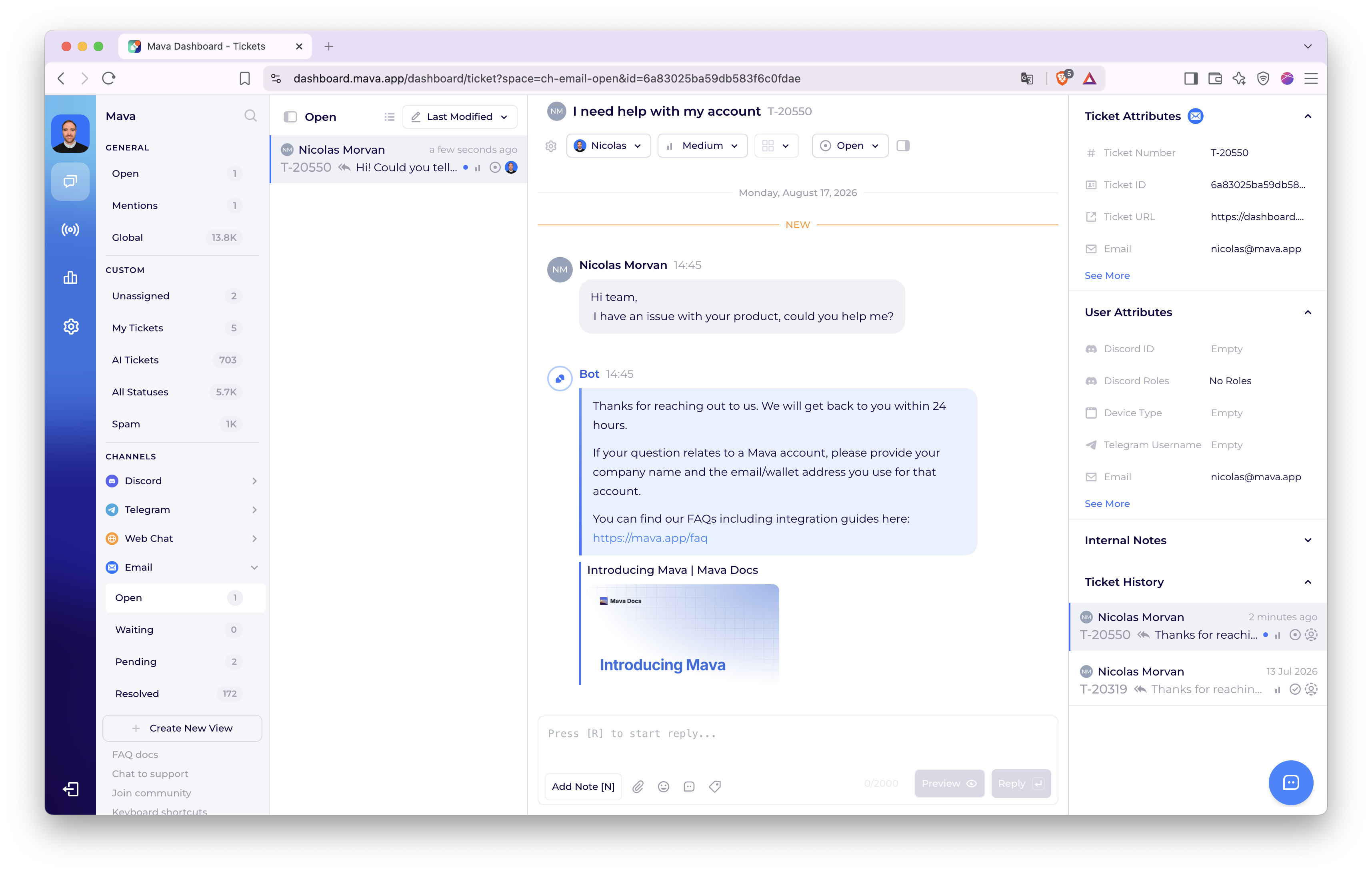 Mava shared inbox showing a support ticket with Discord, Telegram, Web Chat, and Email all listed together in the same channel sidebar.