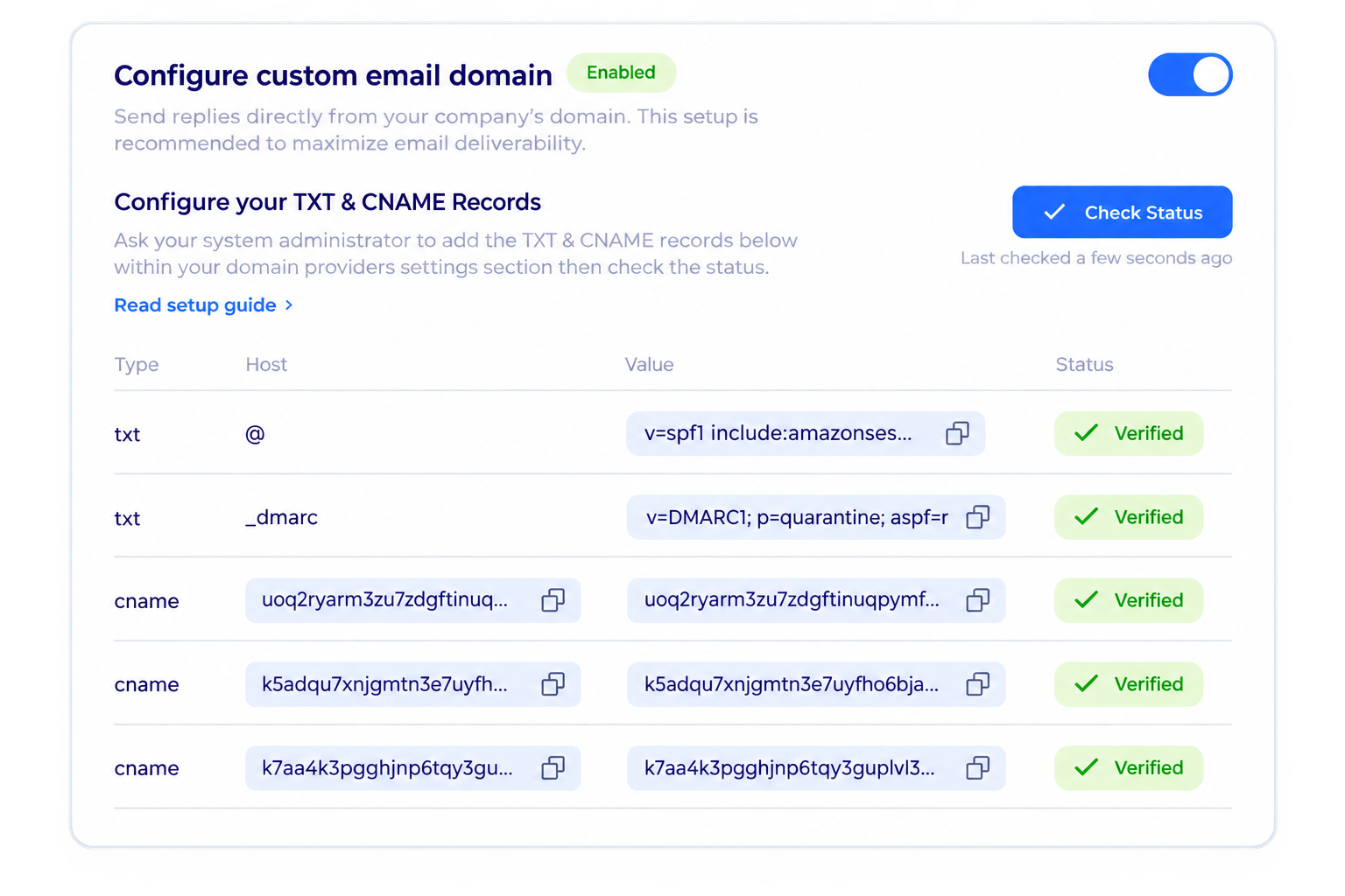 Mava dashboard showing custom email domain setup with SPF, DMARC, and CNAME records all verified.