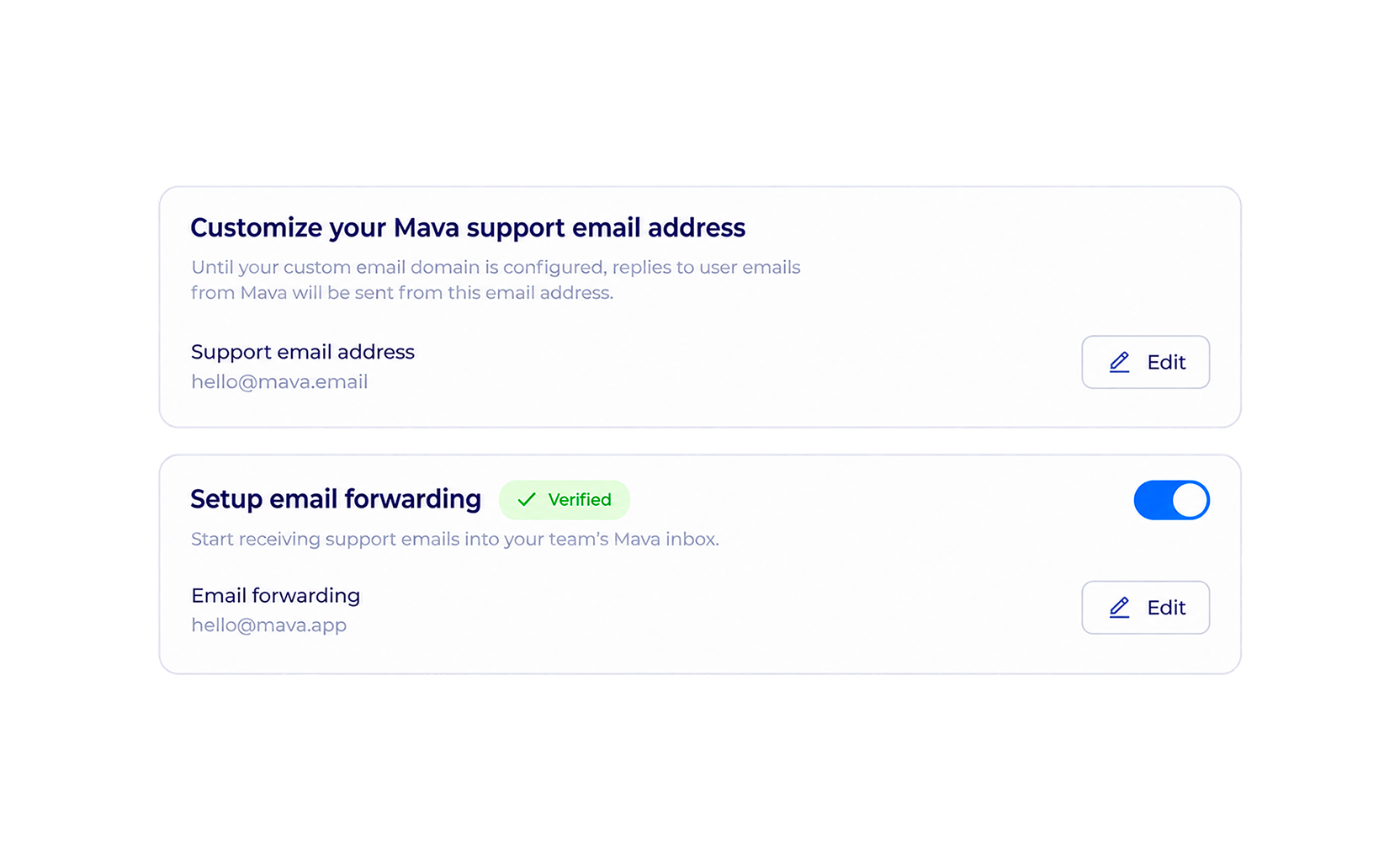 Mava dashboard settings for customizing the support email address and enabling email forwarding into the shared inbox.