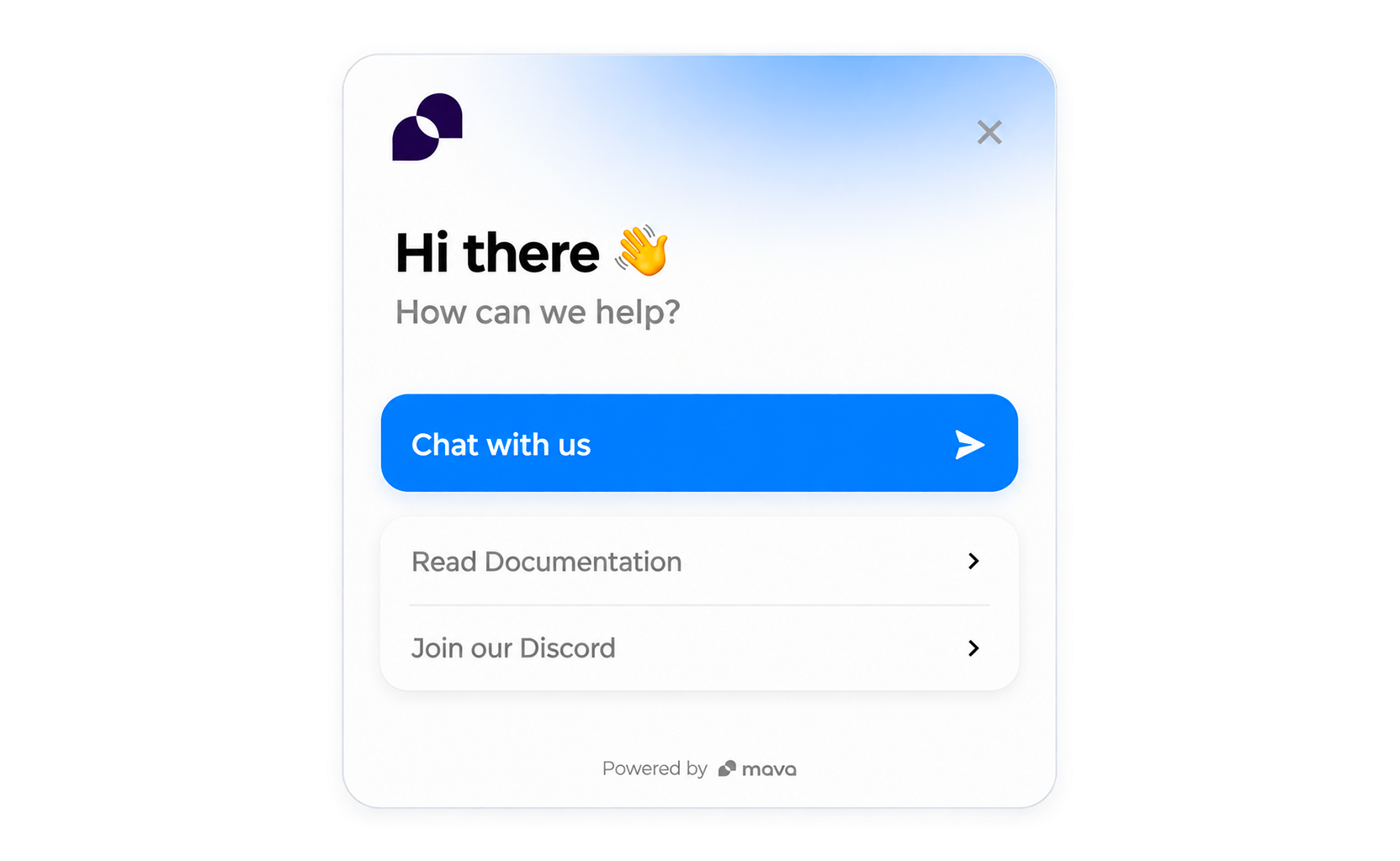 Mava web chat widget default view with a branded greeting, a Chat with us button, and links to documentation and Discord.