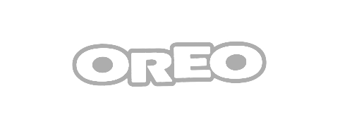 OREO brand logo in bold white letters with black shadows on a black background.