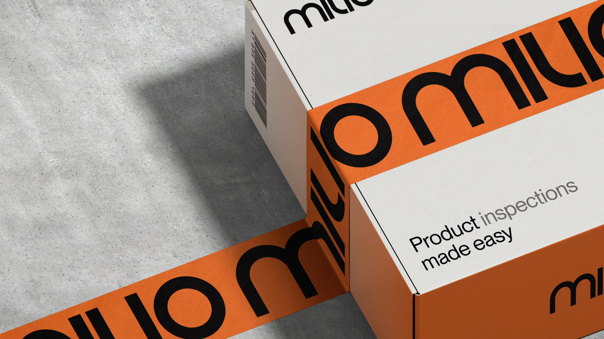 White and orange box with black logo tape and text reading Product inspections made easy.