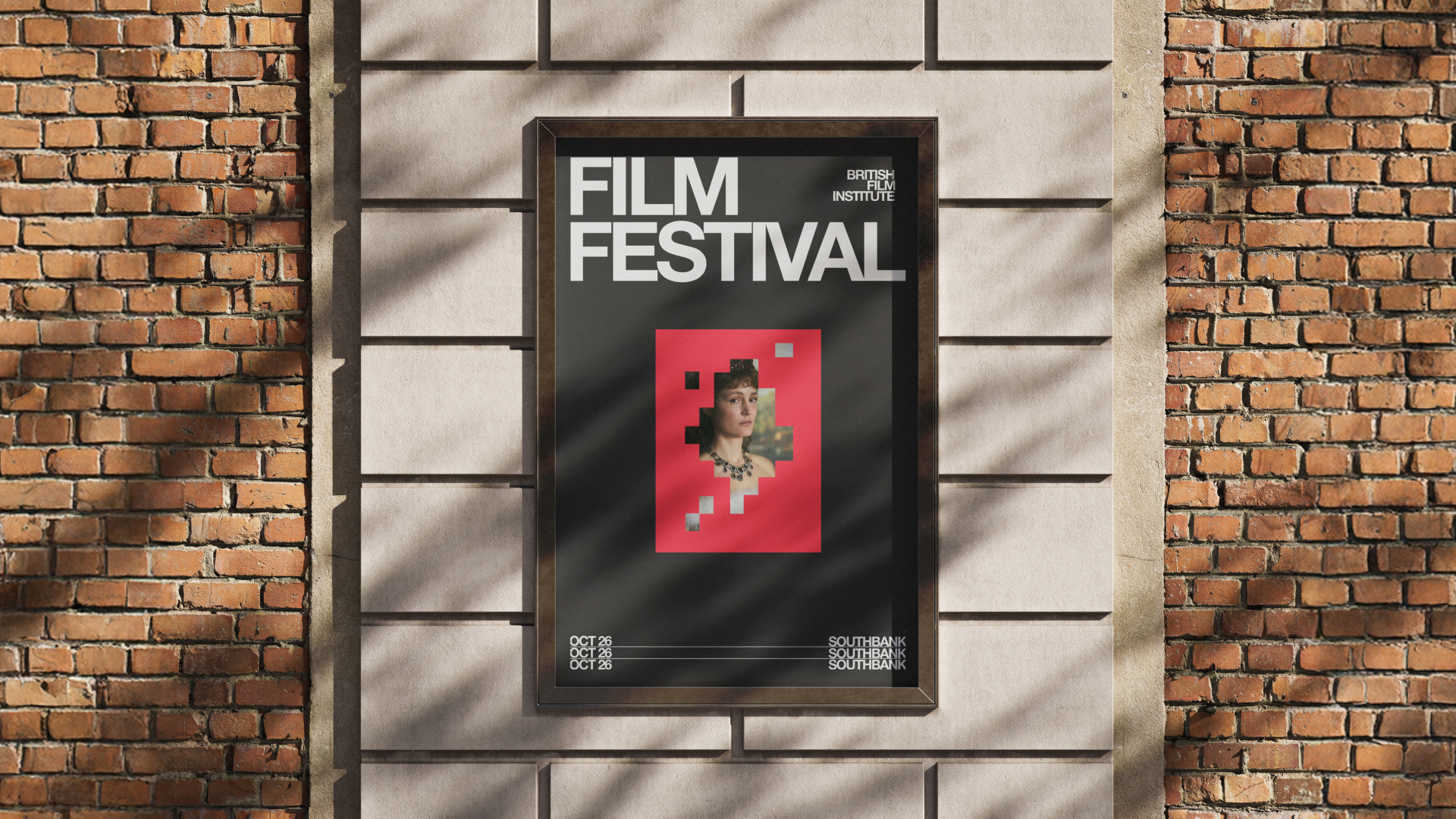 Film Festival poster on brick wall with a pixelated portrait and event details at Southbank, Oct 26.