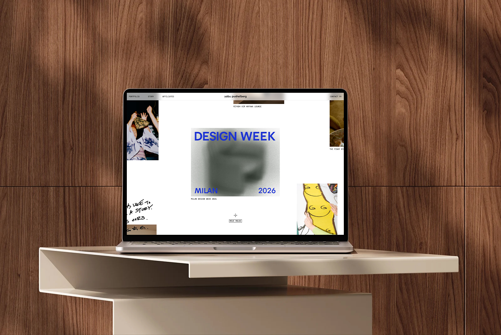 Laptop on modern beige shelf with Design Week Milan 2026 website on screen, wood wall background.