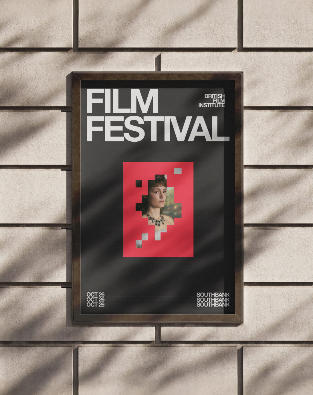 Film Festival poster by British Film Institute featuring a woman’s portrait in a pixelated red square.