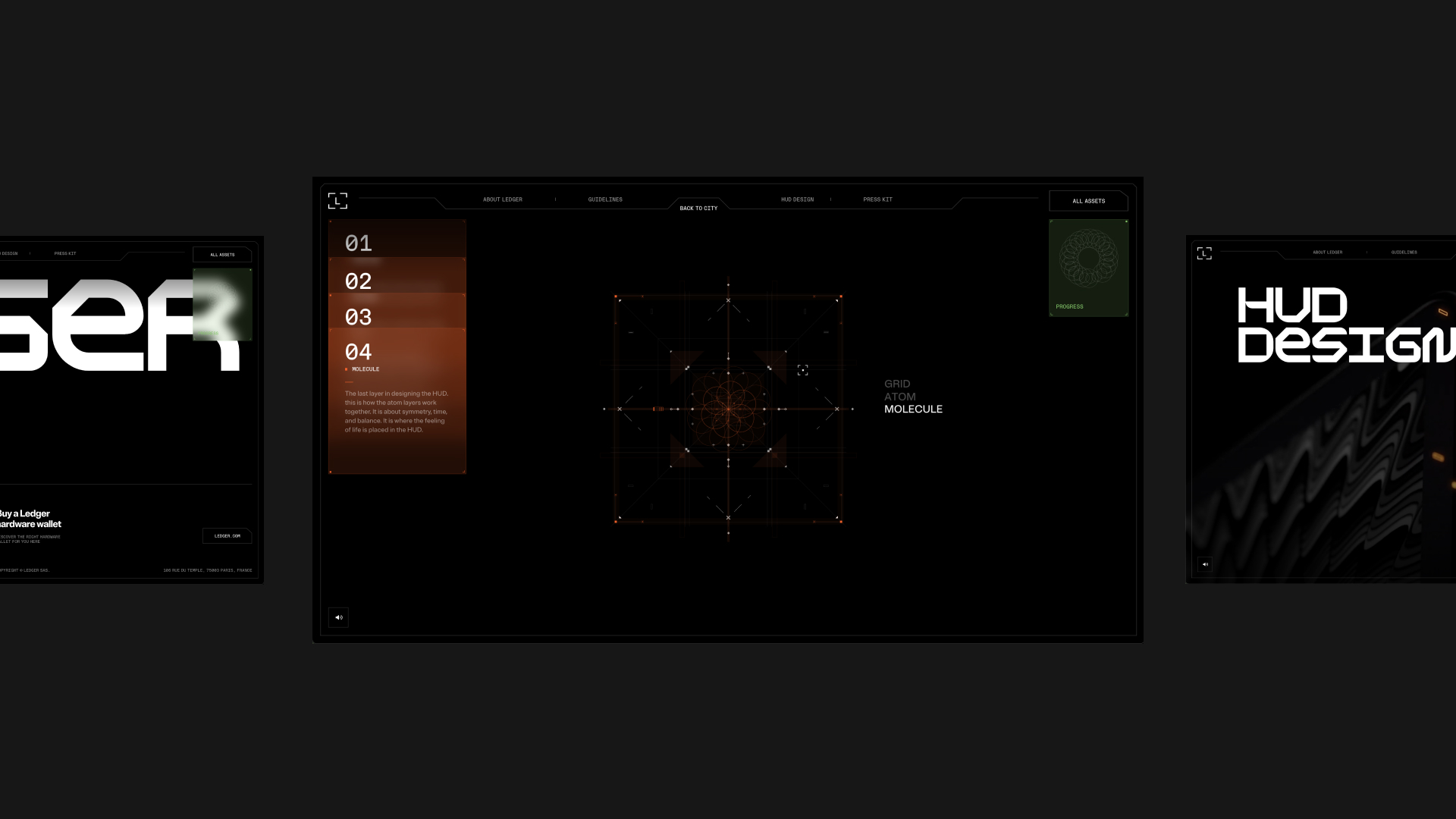 Digital HUD design interface showing grid system and menu with atom and molecule layers highlighted.