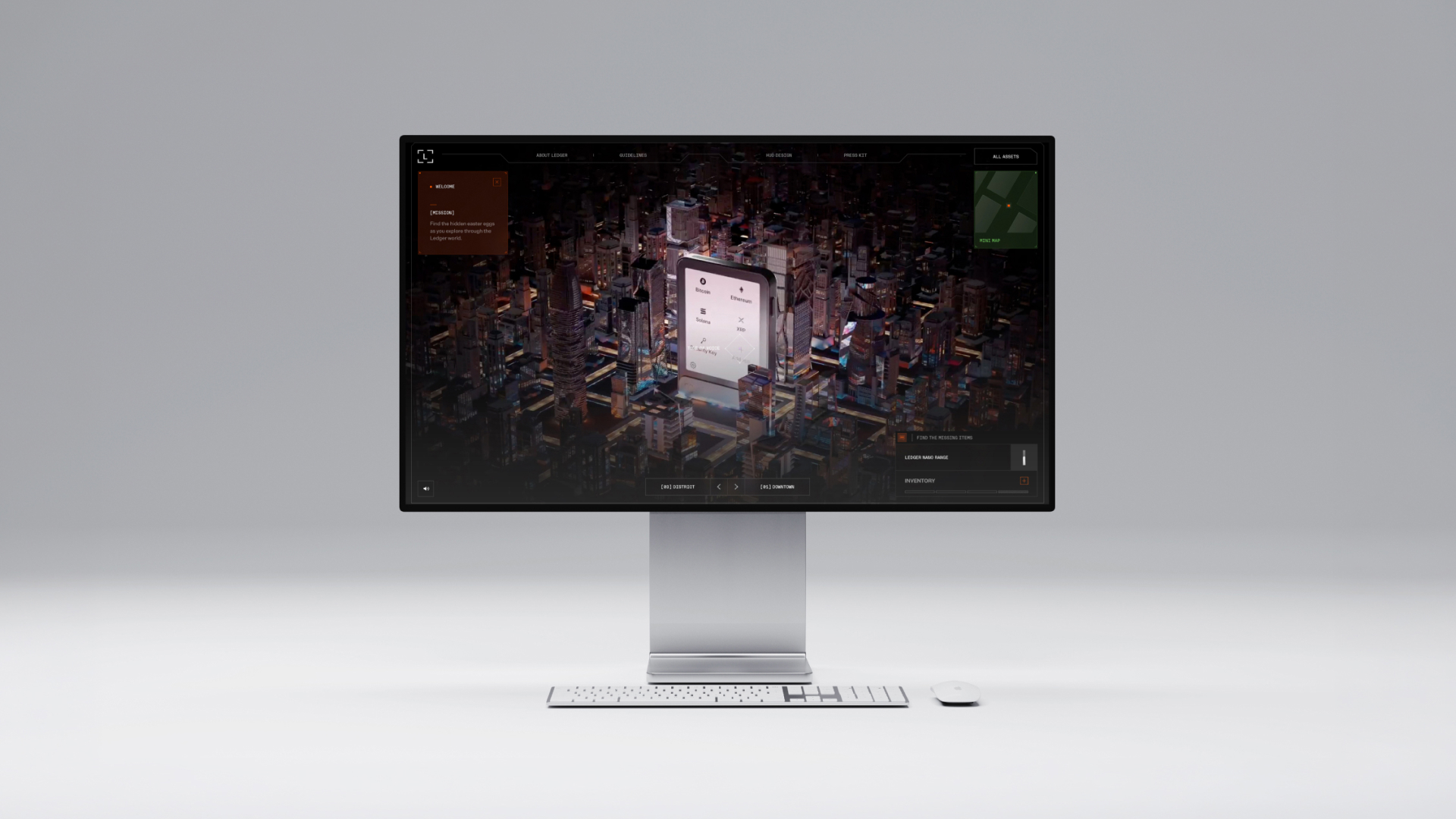 Computer monitor on stand showing digital cityscape with crypto menu icons and keyboard and mouse below.