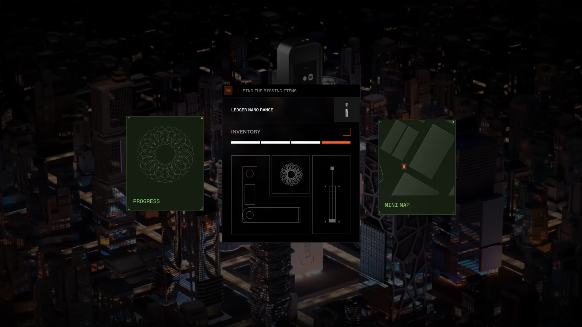 Game HUD with progress, inventory showing Ledger Nano device parts, and a mini map over cityscape background.