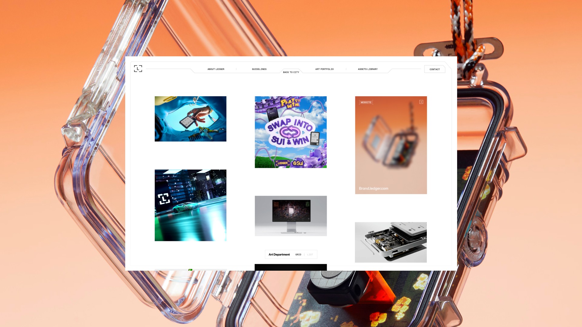 Website portfolio page showing six images including tech devices, digital art, and a computer screen.